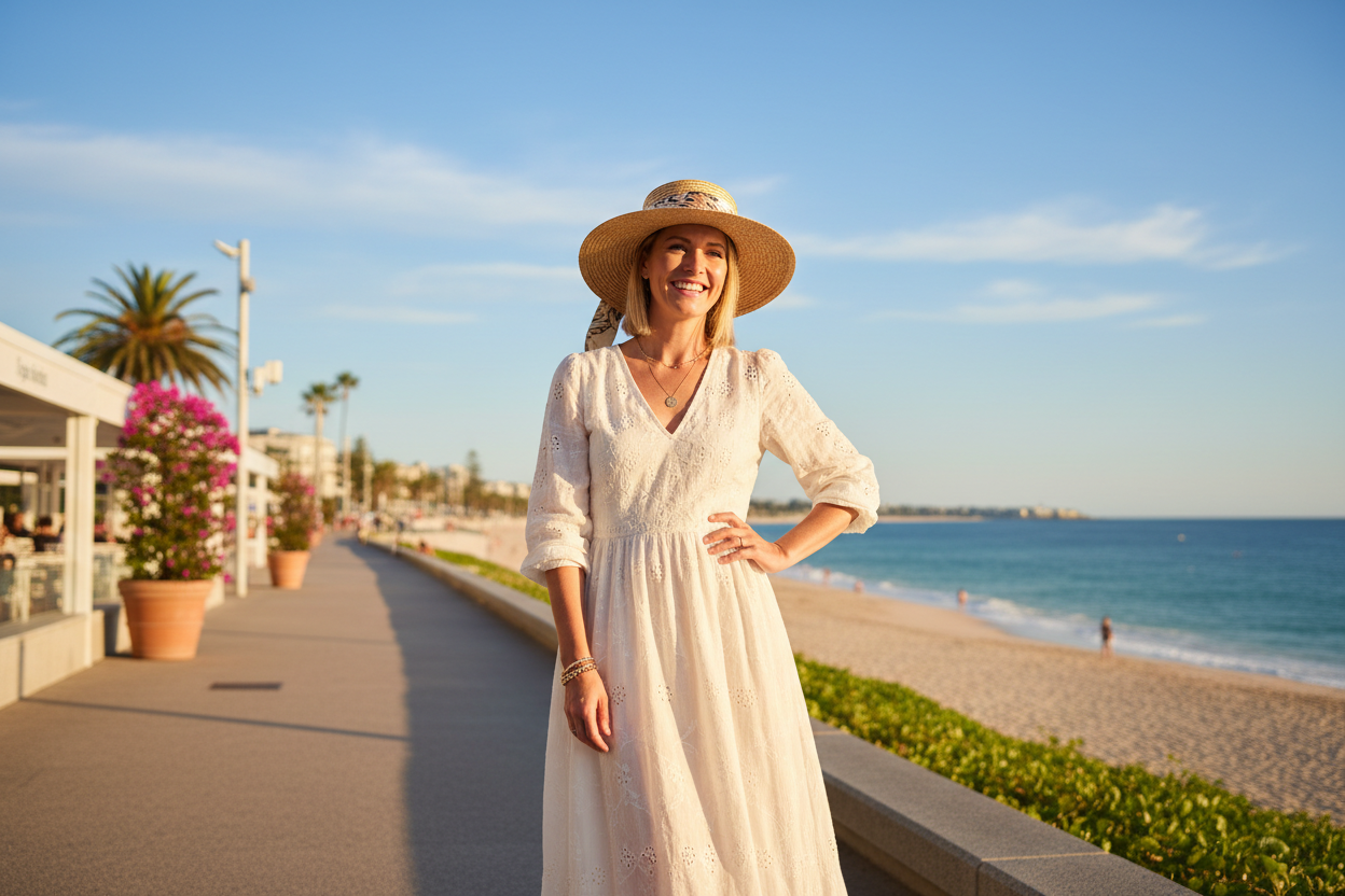 Happy well dressed Australian woman in summer time